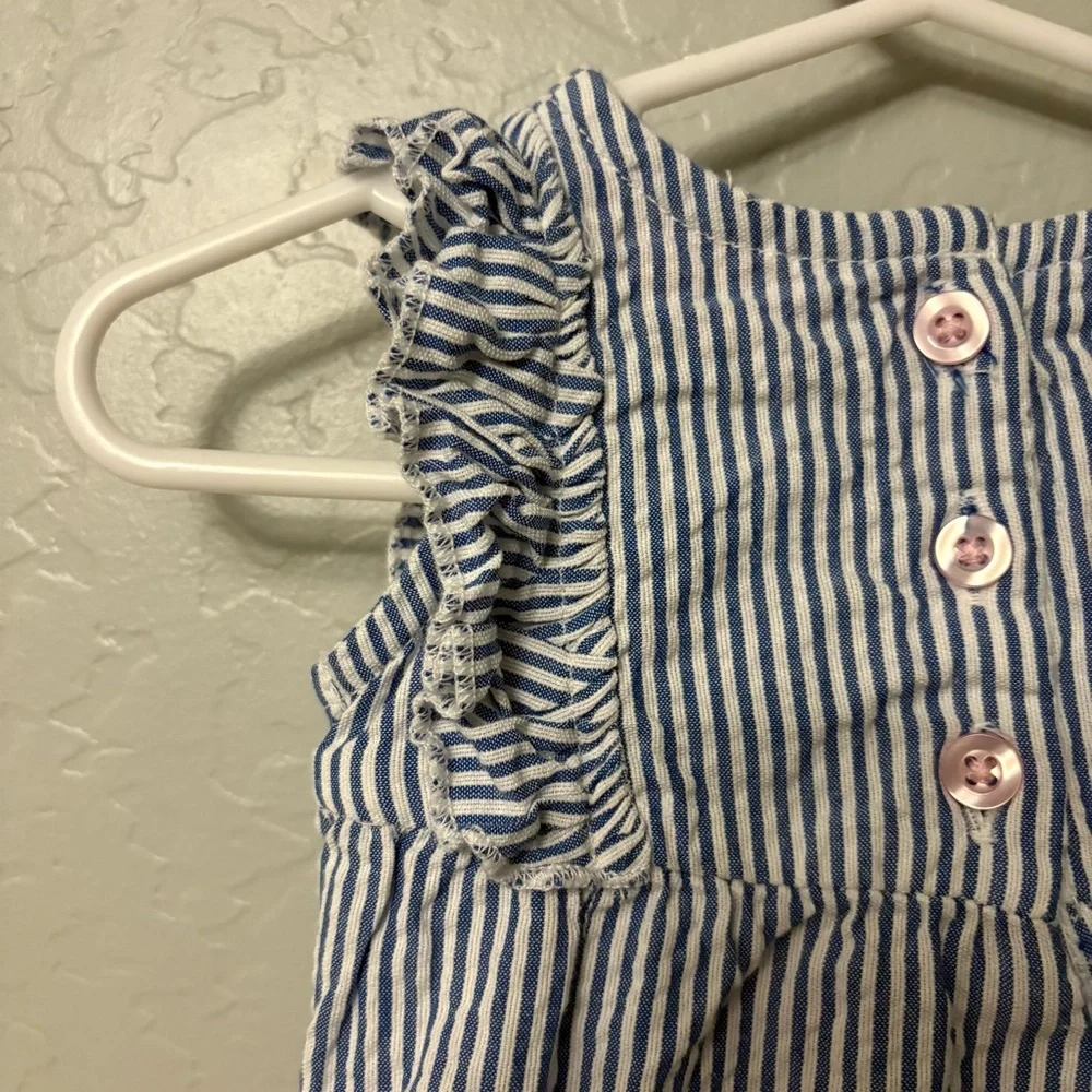 ⭐️Ruffle Butts blue and white striped pink bow ruffle romper 0-3 months